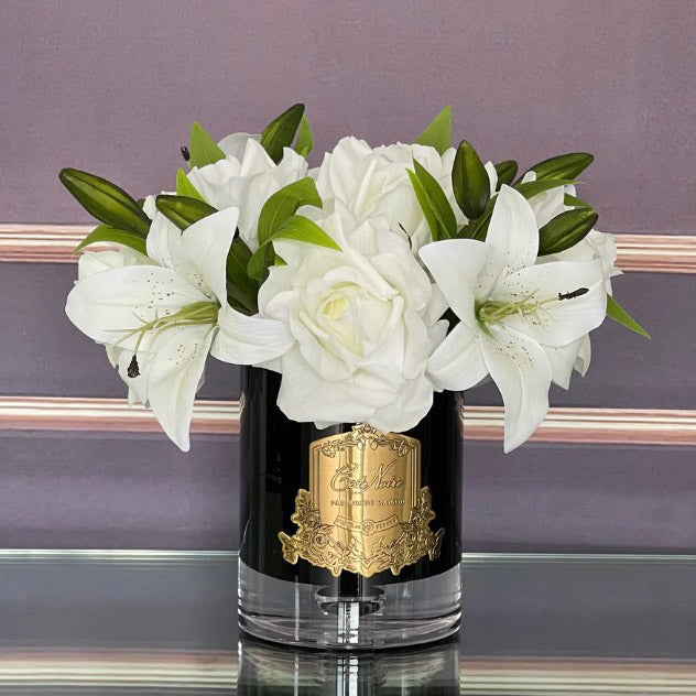 Cote Noire Luxury White Roses & Lilies Bouquet Dark Glass in Black Box