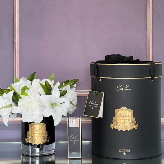 Cote Noire Luxury White Roses &amp; Lilies Bouquet Dark Glass in Black Box