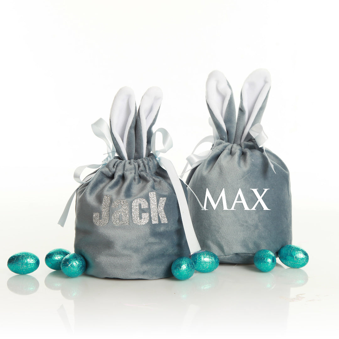 Personalised Cute Blue Velvet Bunny Ear Easter Bag Style 4 in White