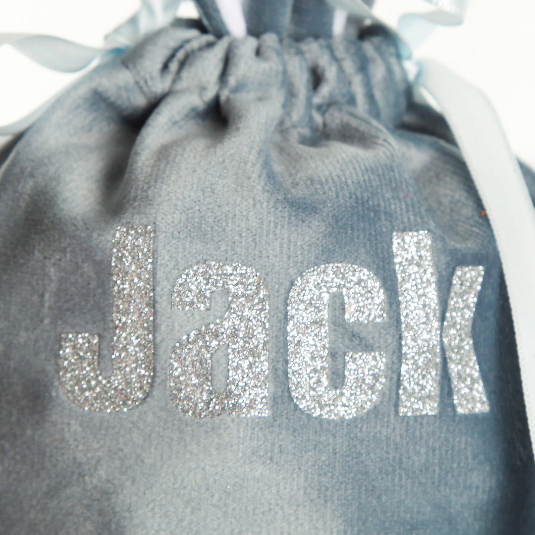 Personalised Cute Blue Velvet Bunny Ear Easter Bag Style 6 in Silver Glitter