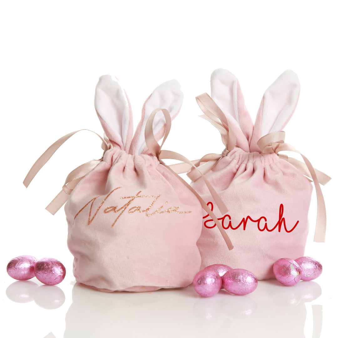 Personalised Cute Pink Velvet Bunny Ear Easter Bag Style 2 in Red