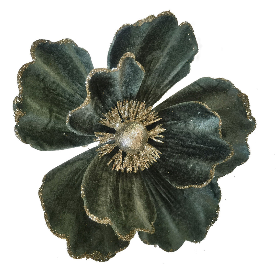Dark Green Velvet Magnolia Flower Clip with Gold Glitter Edge
