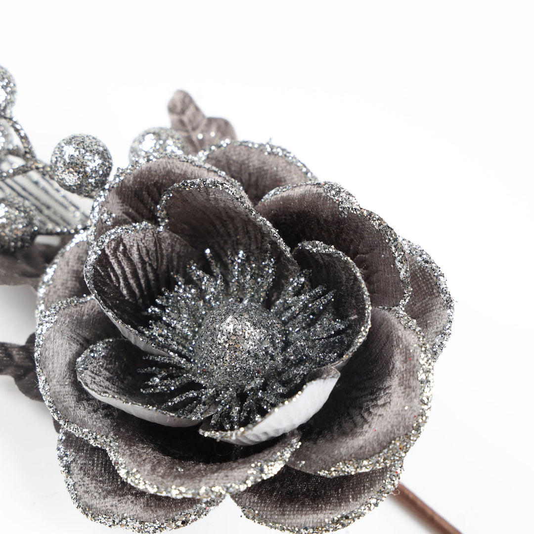Dark Grey Magnolia Flower with Silver Glitter Detail Stem