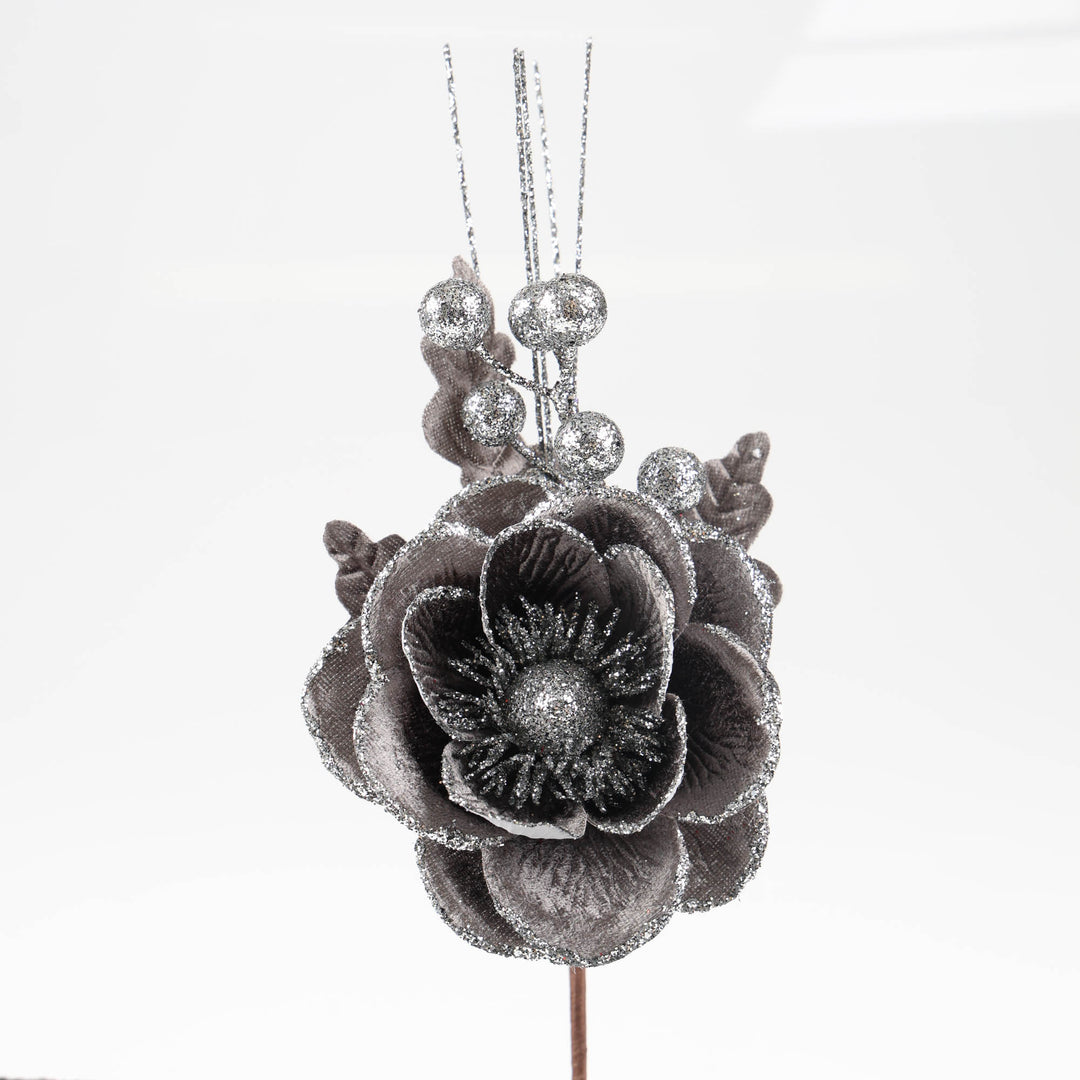 Dark Grey Magnolia Flower with Silver Glitter Detail Stem