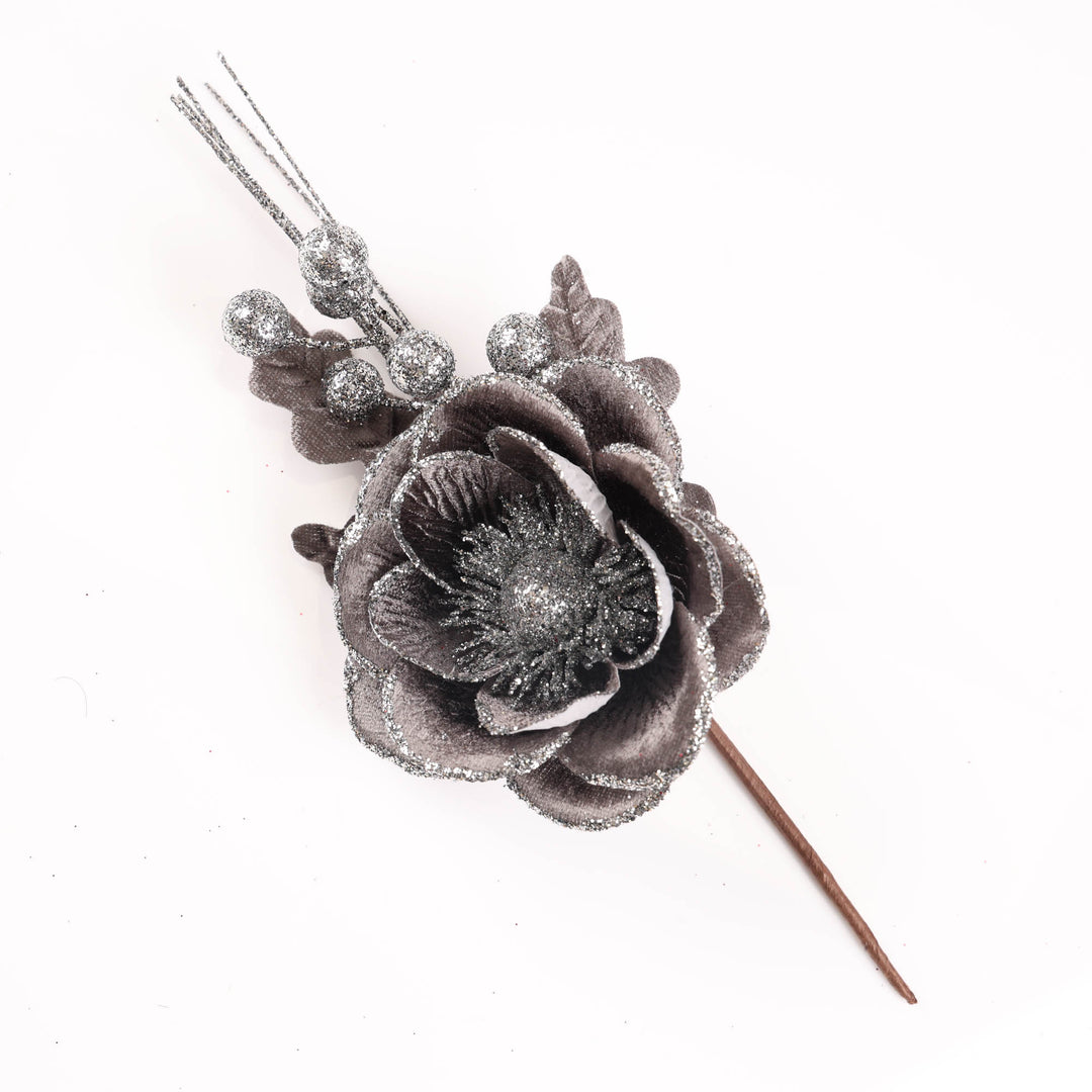 Dark Grey Magnolia Flower with Silver Glitter Detail Stem