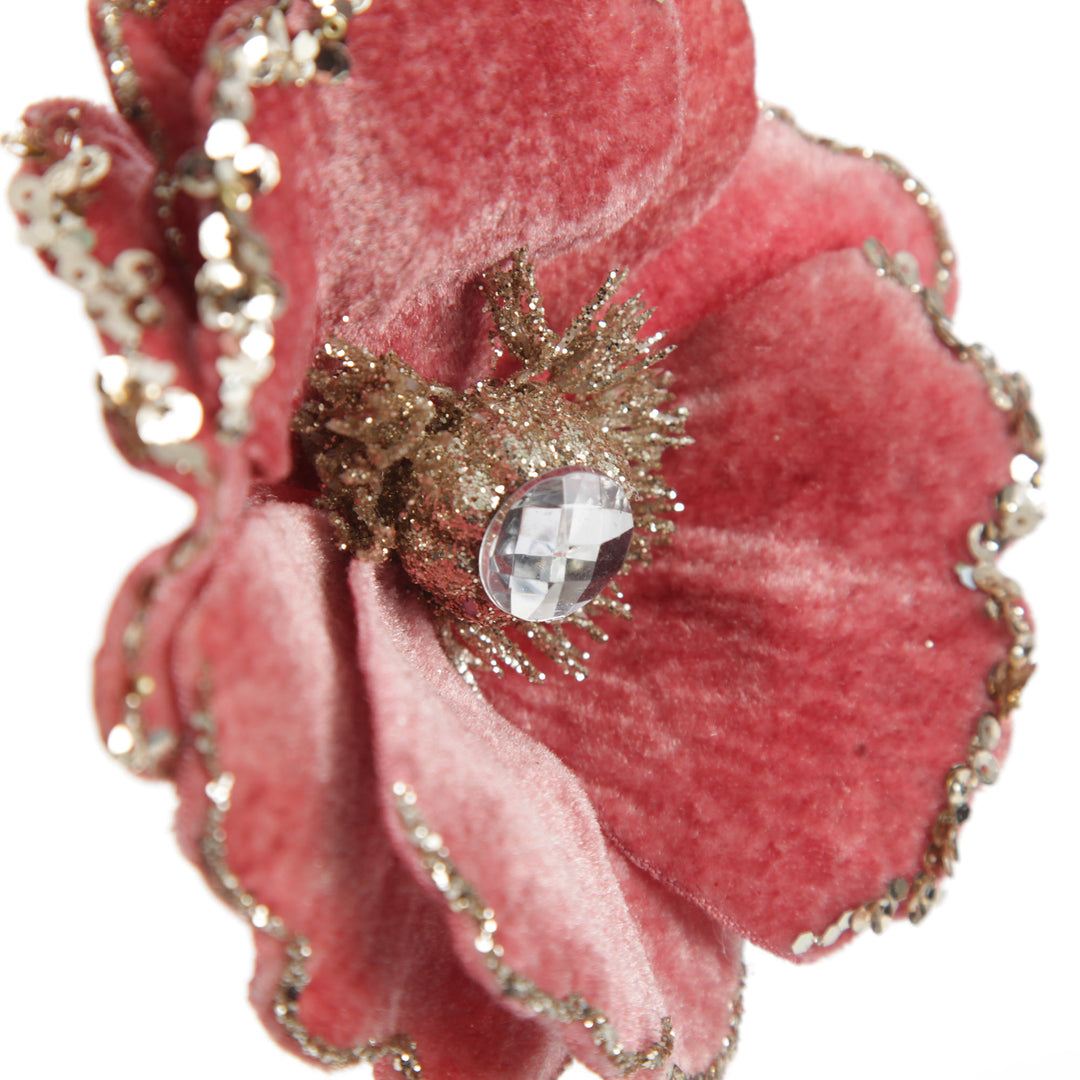 Dark Pink Velvet Magnolia Flower Clip with Jewel Centre and Sequin Tips