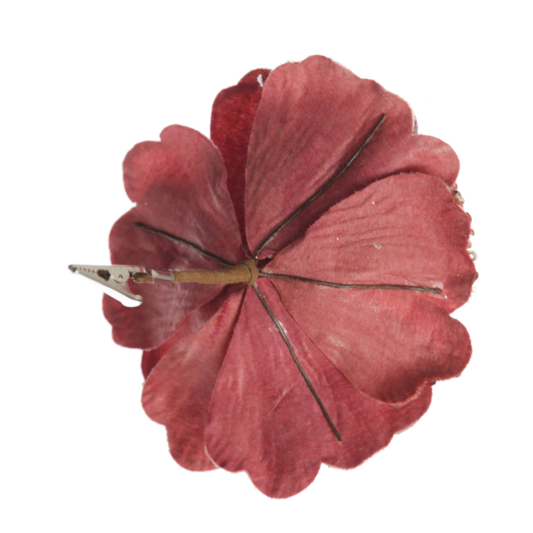 Dark Pink Velvet Magnolia Flower Clip with Jewel Centre and Sequin Tips