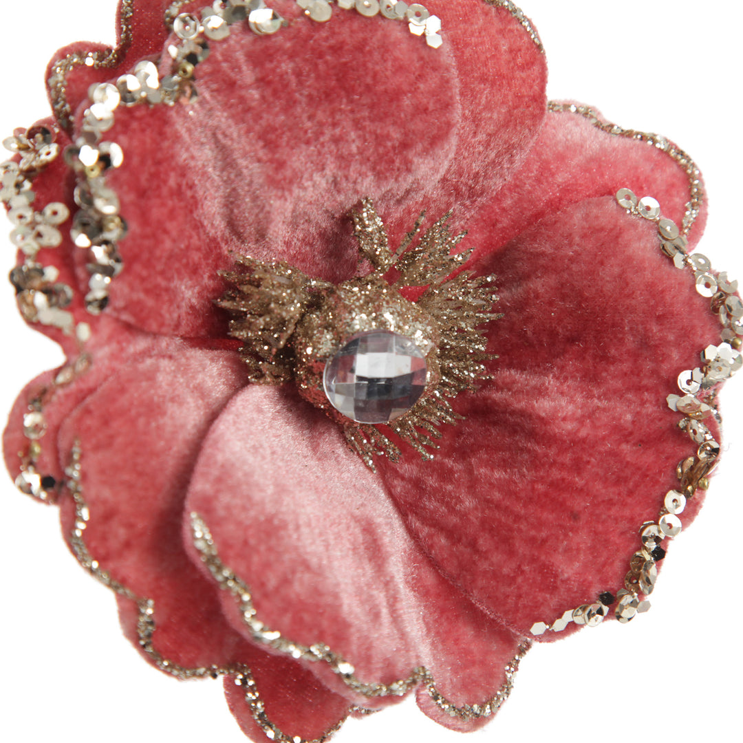 Dark Pink Velvet Magnolia Flower Clip with Jewel Centre and Sequin Tips