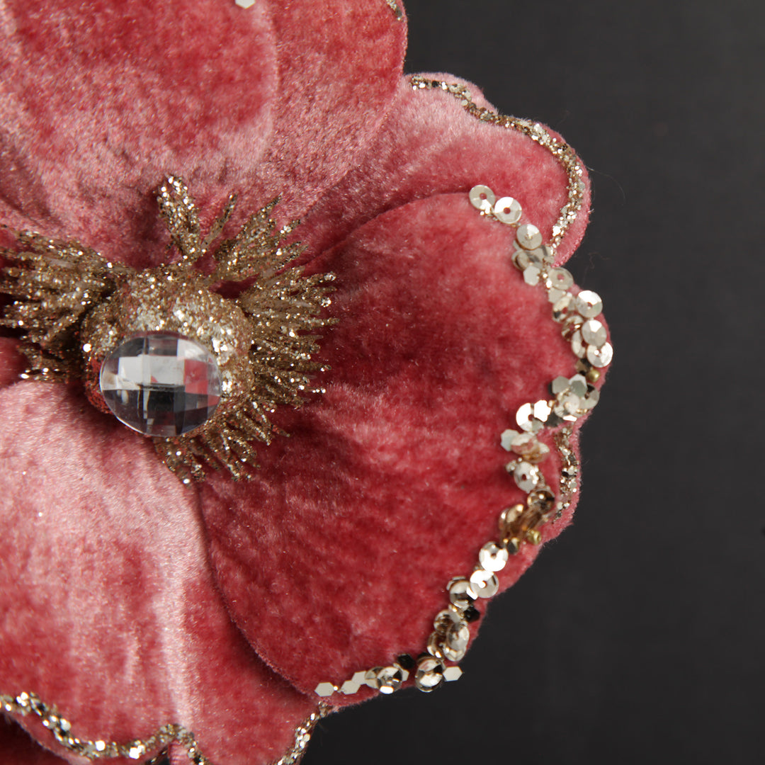 Dark Pink Velvet Magnolia Flower Clip with Jewel Centre and Sequin Tips