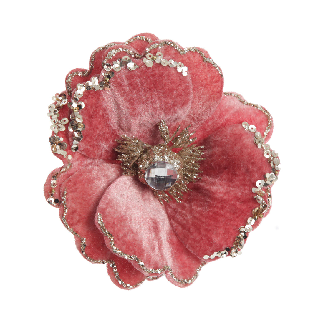 Dark Pink Velvet Magnolia Flower Clip with Jewel Centre and Sequin Tips
