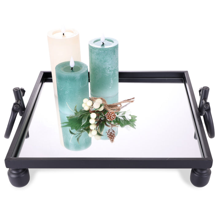 Deluxe Black Pedestal Square Table Centerpiece Mirror Tray - 40cm(W)