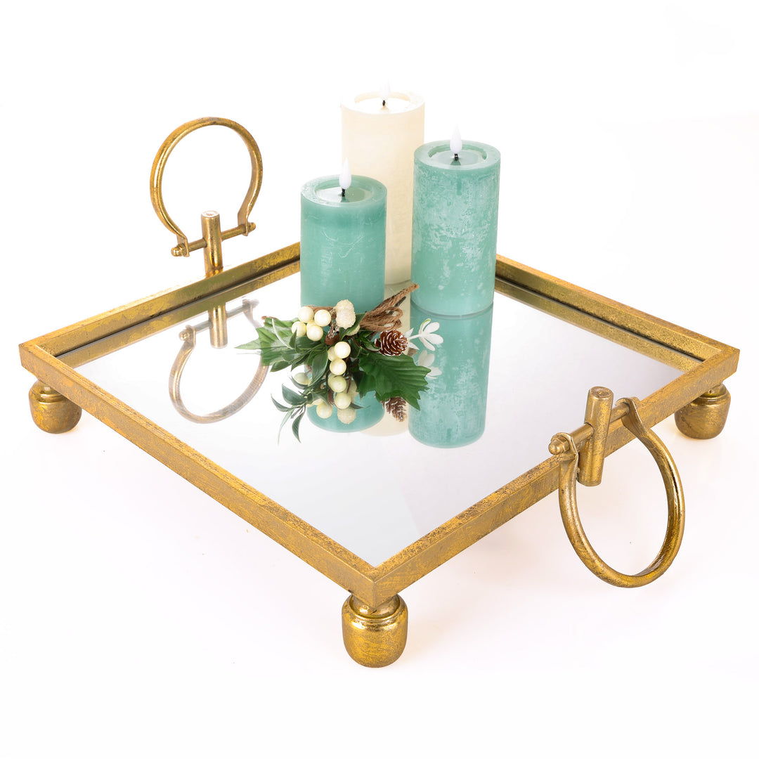 Deluxe Gold Pedestal Square Table Centerpiece Mirror Tray - 40cm(W)