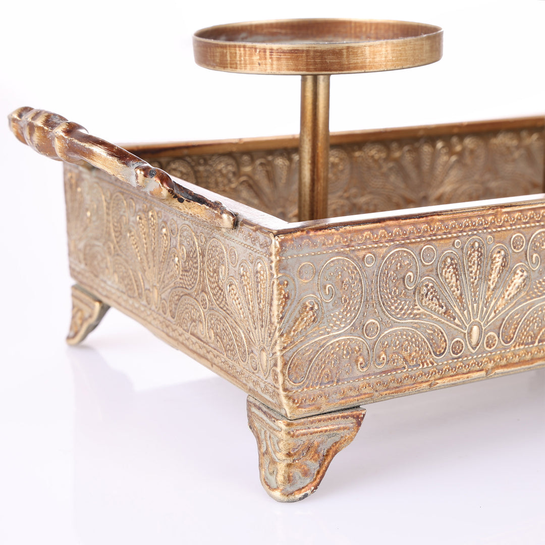 Deluxe Ornate Antique Gold Tray Table Centerpiece Candle Holder