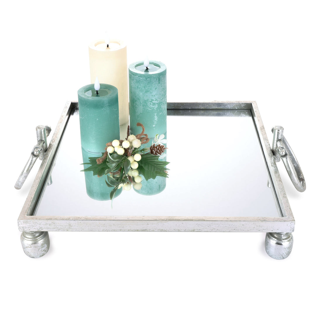 Deluxe Silver Pedestal Square Table Centerpiece Mirror Tray - 40cm(W)