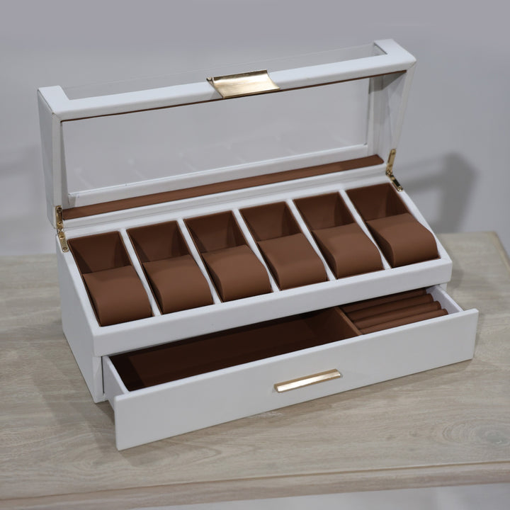 Deluxe White Watch Box with Drawer - 6 Compartment