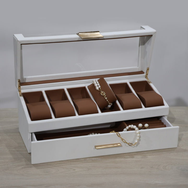 Deluxe White Watch Box with Drawer - 6 Compartment