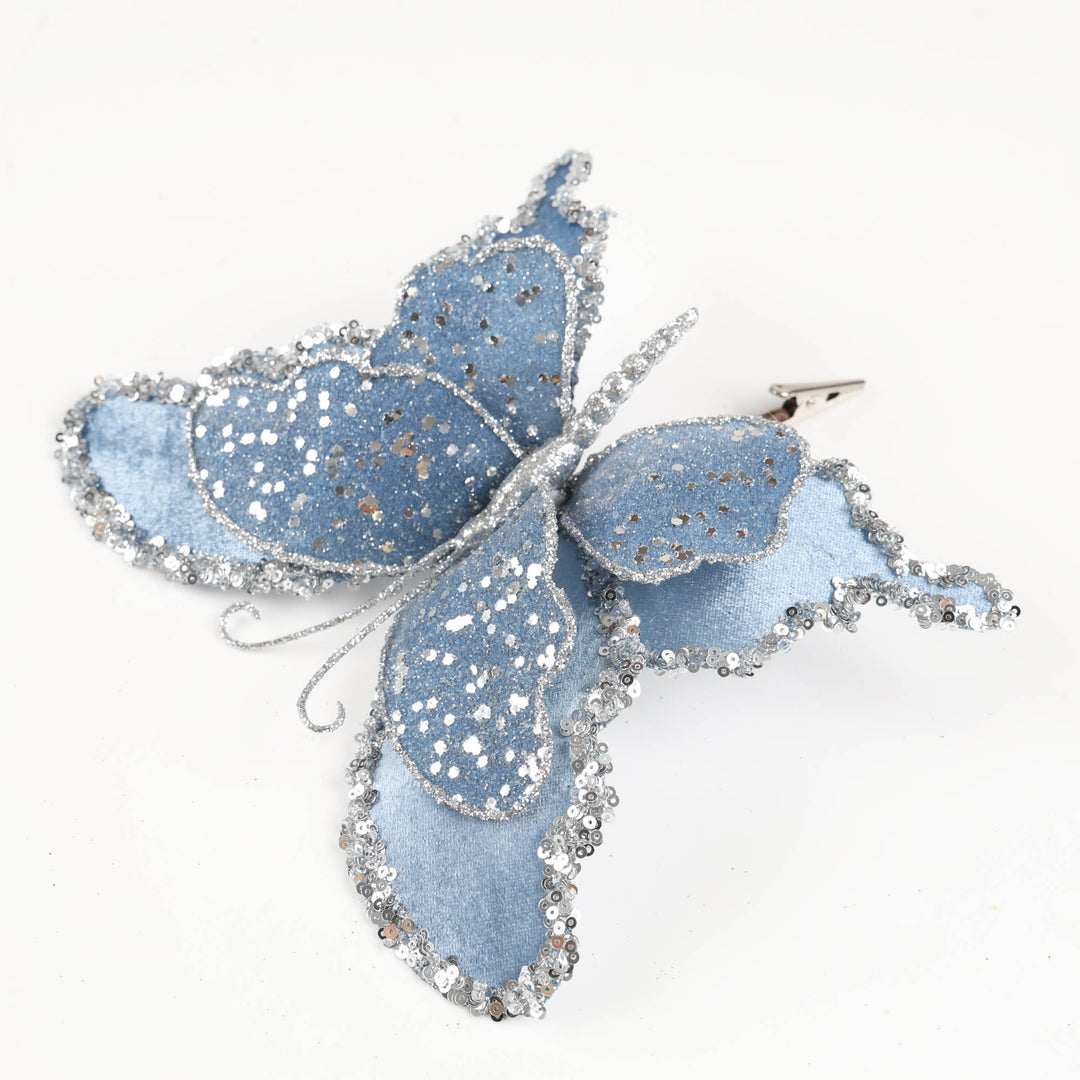 Denim Blue Velvet Butterfly Clip with Glitter Detail - 22cm