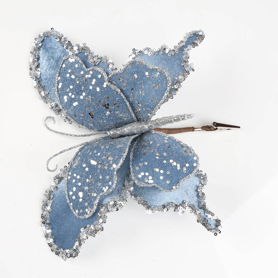 Denim Blue Velvet Butterfly Clip with Glitter Detail - 22cm