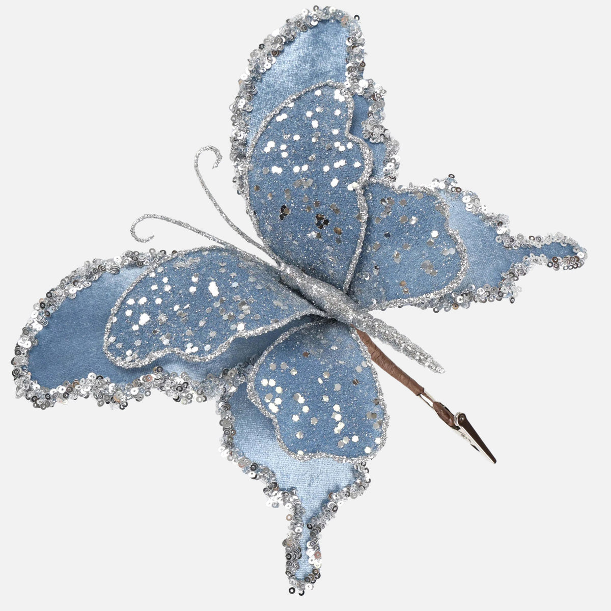 Denim Blue Velvet Butterfly Clip with Glitter Detail - 22cm