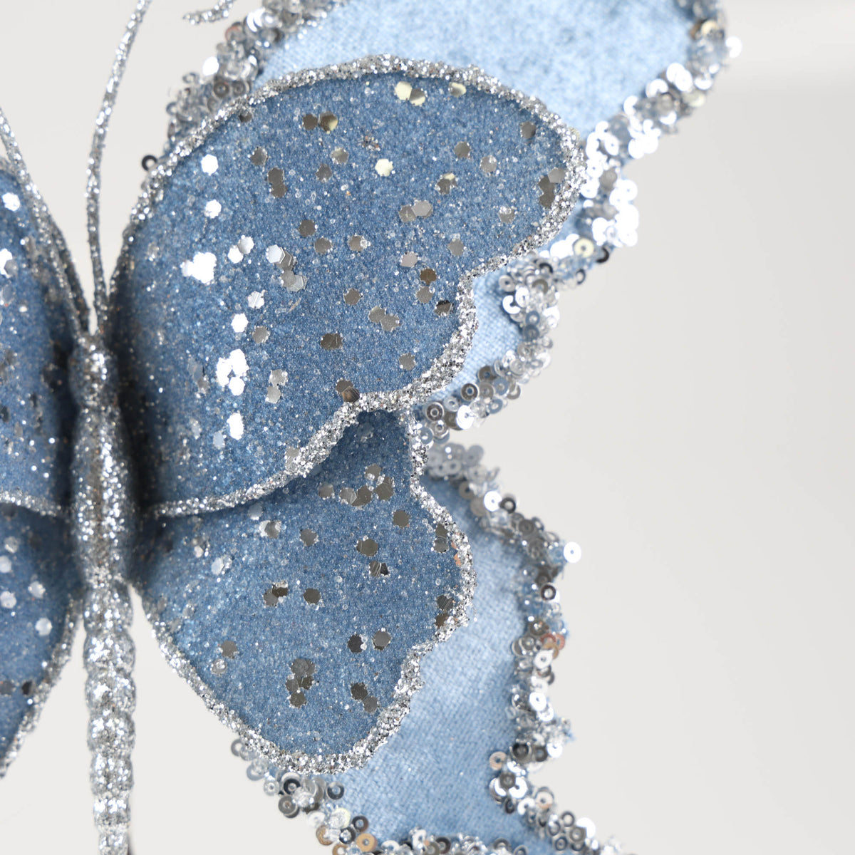 Denim Blue Velvet Butterfly Clip with Glitter Detail - 22cm