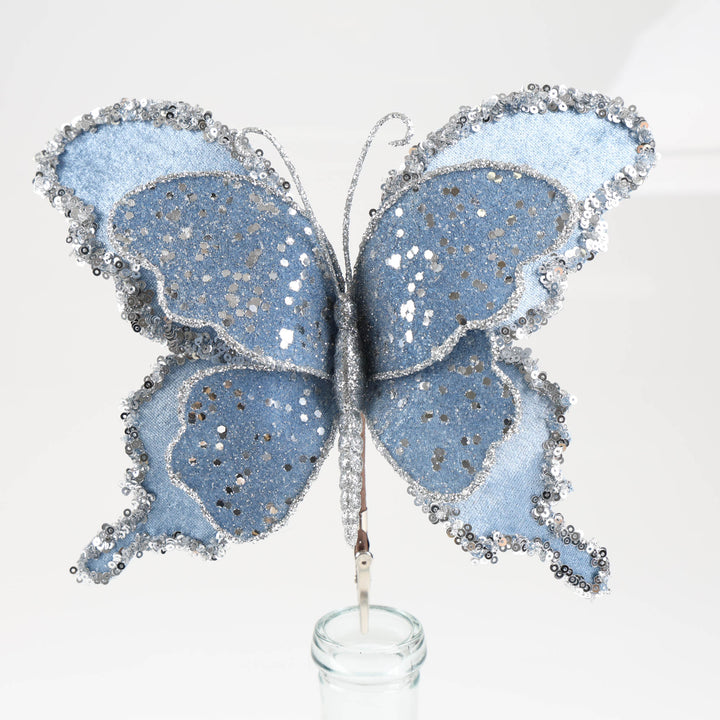 Denim Blue Velvet Butterfly Clip with Glitter Detail - 22cm