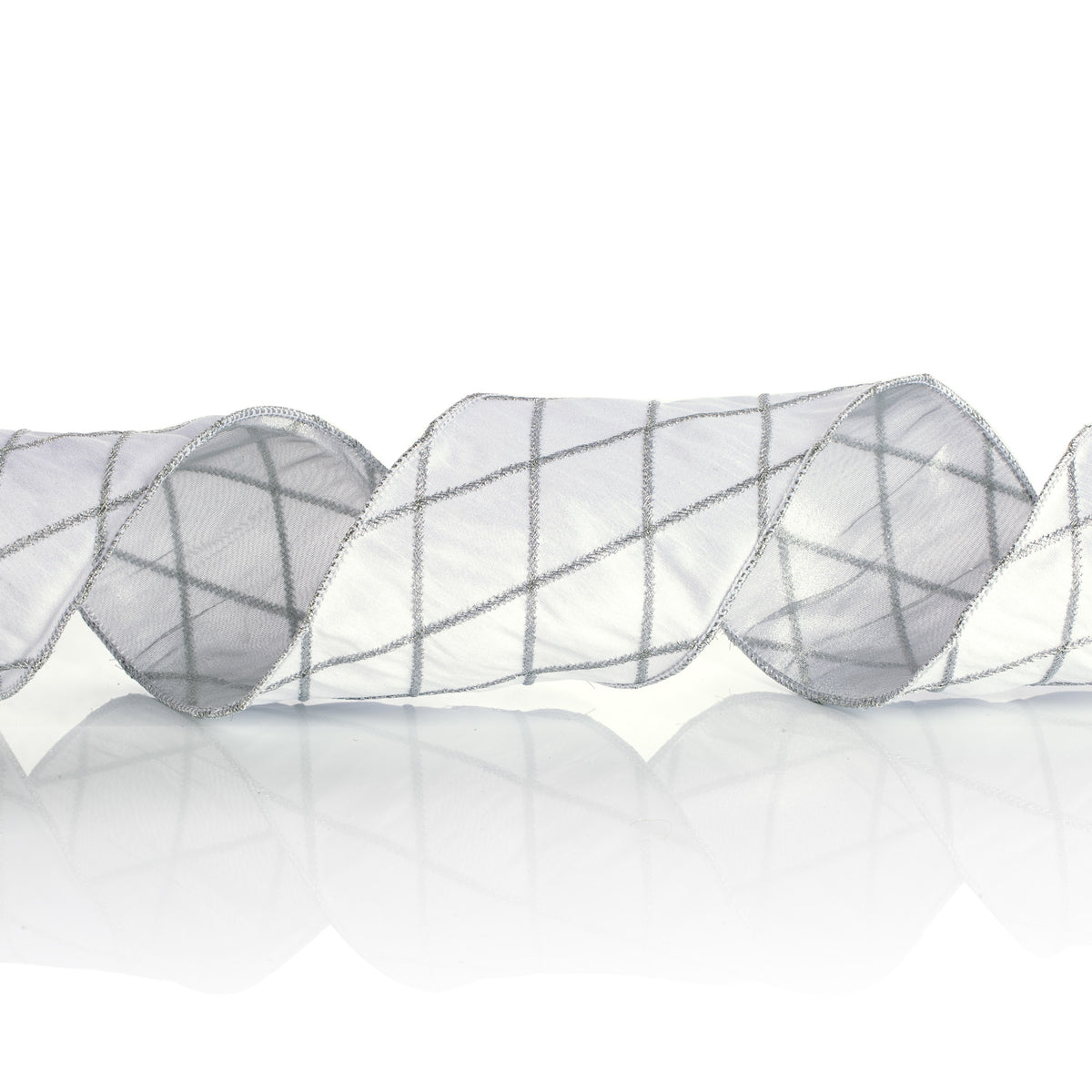 Diamond Shape Embroidery Silver on White Dupion Ribbon