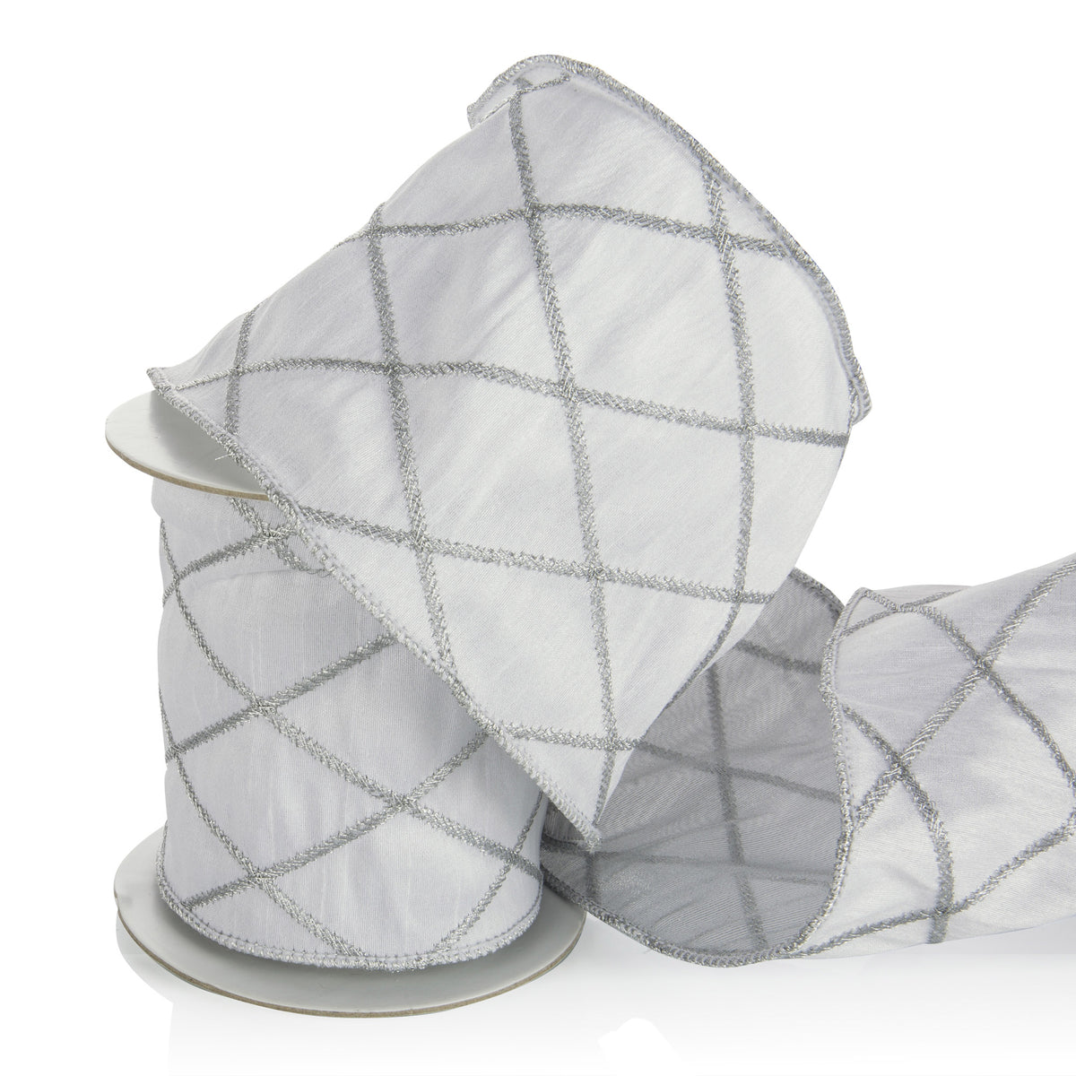 Diamond Shape Embroidery Silver on White Dupion Ribbon