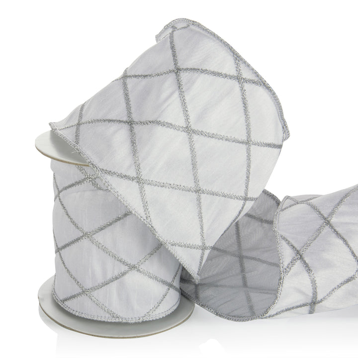 Diamond Shape Embroidery Silver on White Dupion Ribbon
