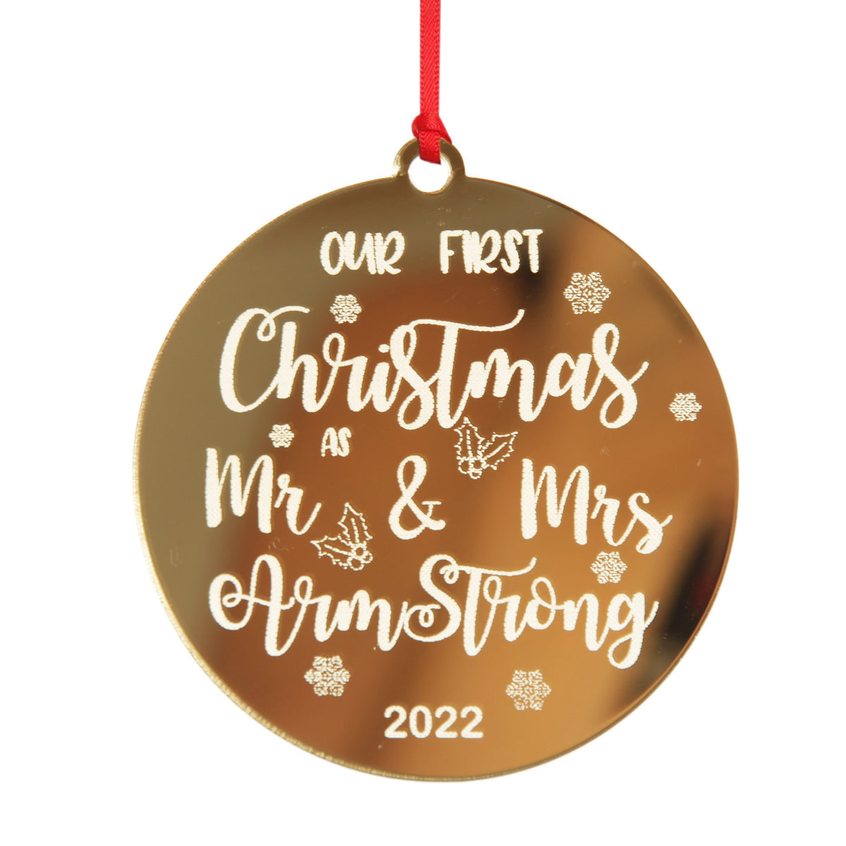 Personalised Our First Christmas as Mr and Mrs etched Christmas decoration