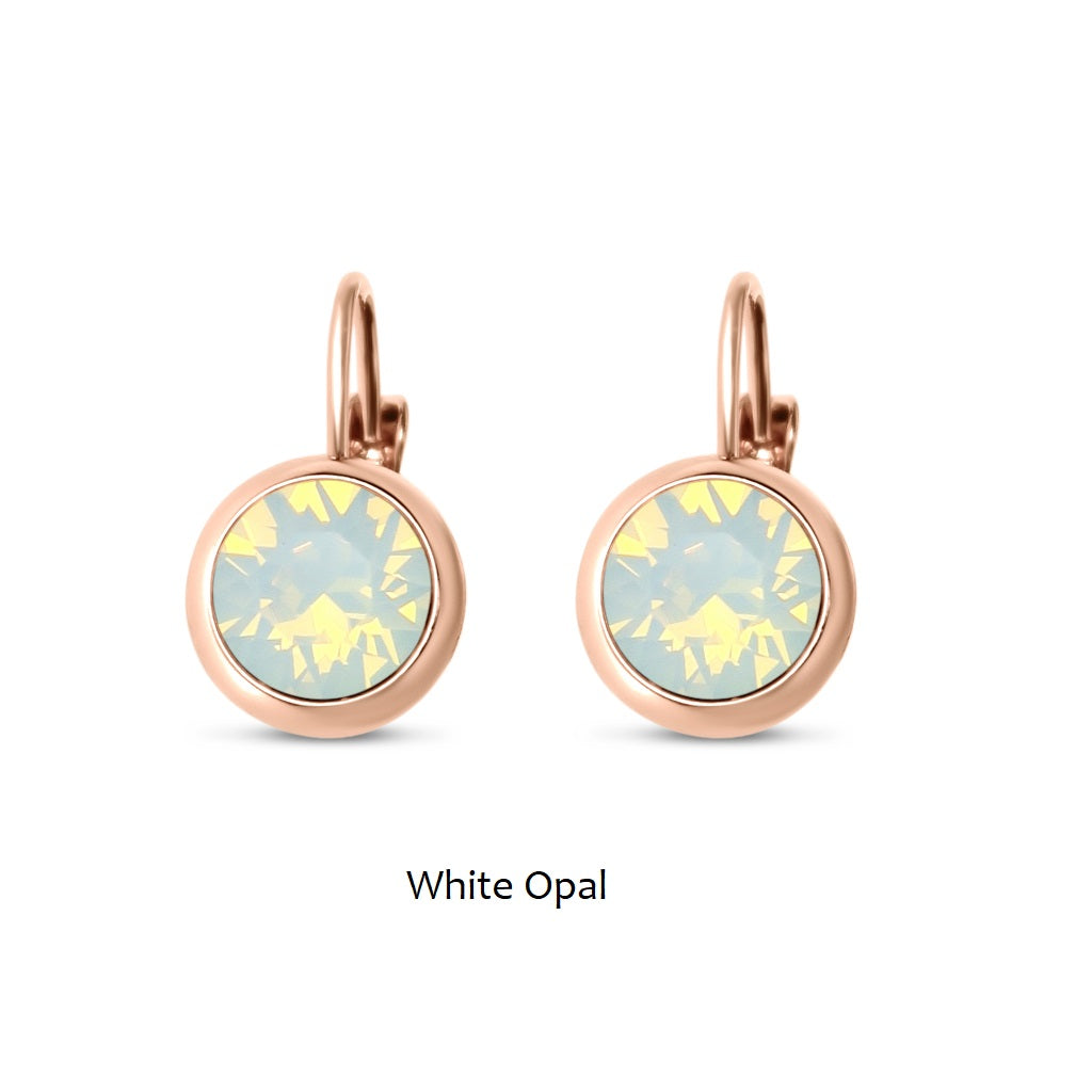 White Opal Swarovski Stone in Rose Gold French Clip Earrings
