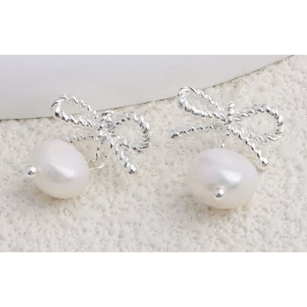 Earrings - Silver Bow Studs - Pearl Drop White and Silver
