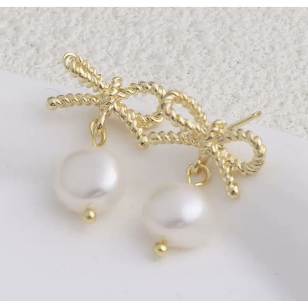 Earrings - Gold Bow Studs - Pearl Drop White and Gold