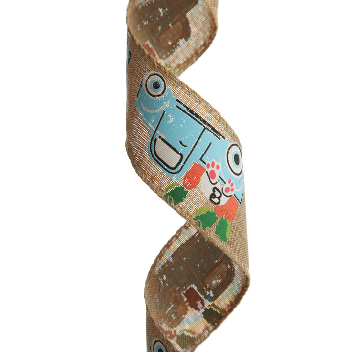 Easter Bunny and Truck Linen Wire Edge Ribbon - 4cm