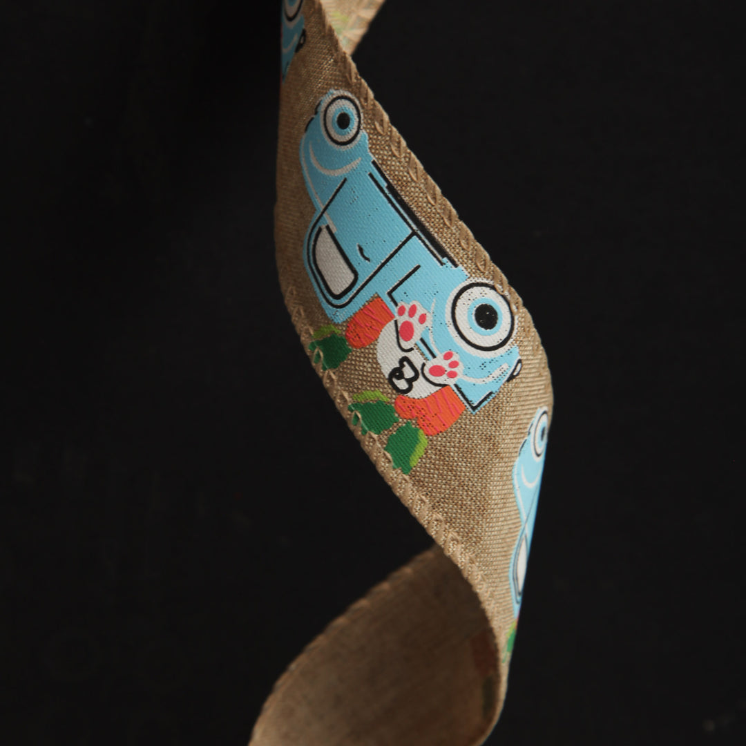 Easter Bunny and Truck Linen Wire Edge Ribbon - 4cm