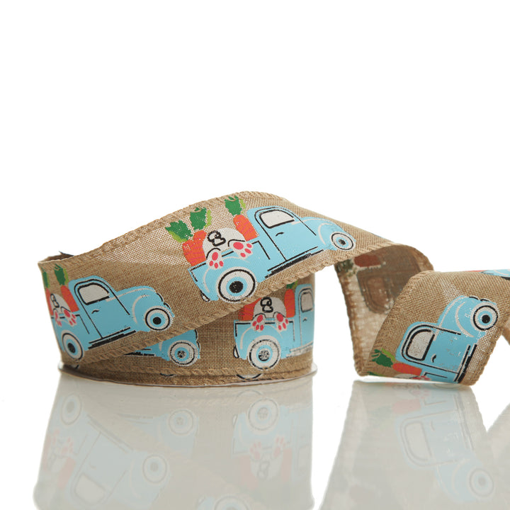 Easter Bunny and Truck Linen Wire Edge Ribbon - 4cm
