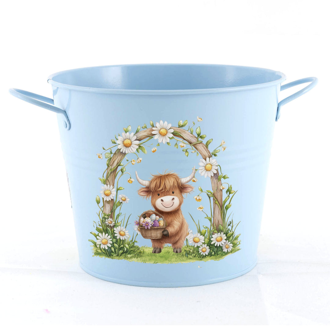 Easter Hamper Bucket - Highland Cow Daisy with Happy Easter
