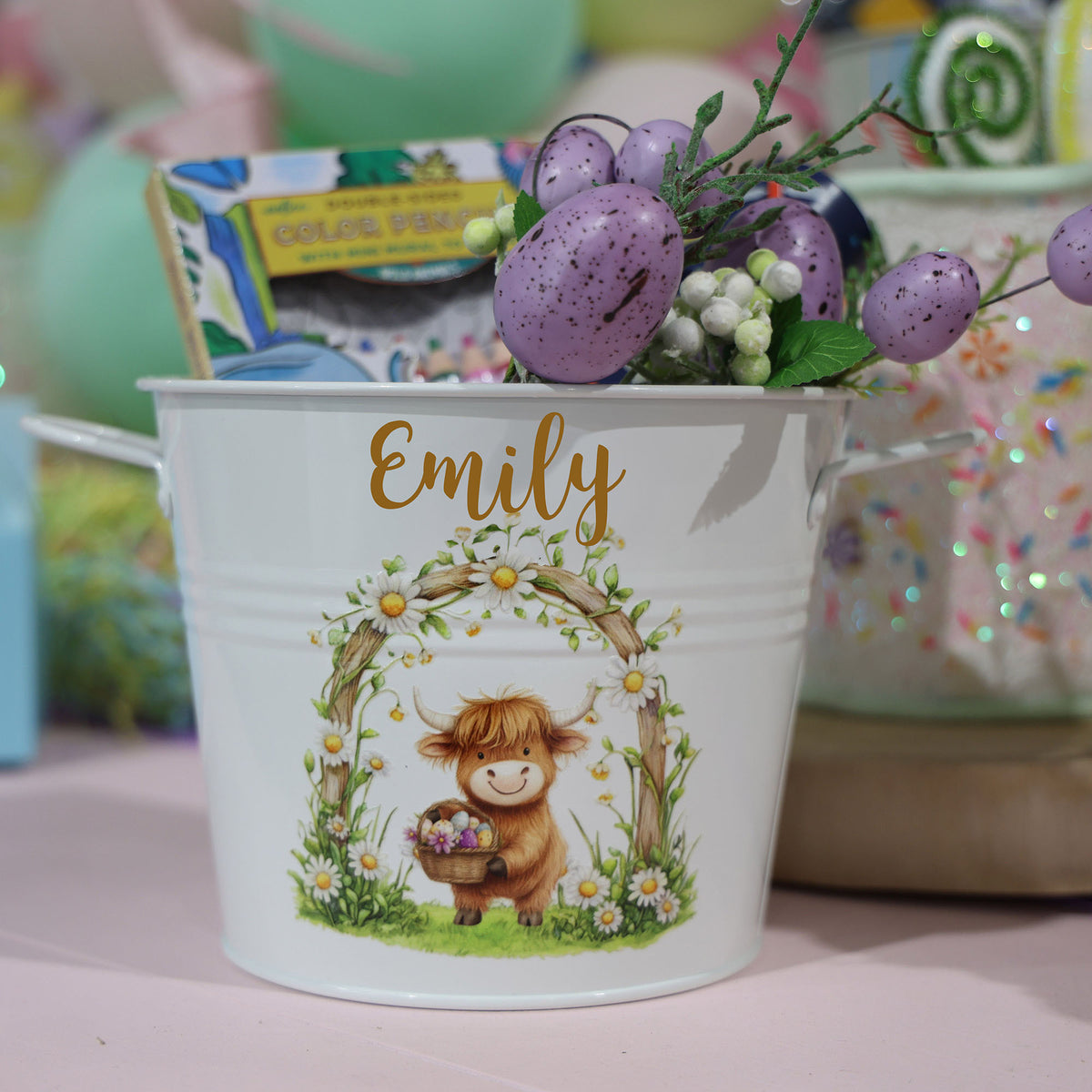 Easter Hamper Bucket - Highland Cow Daisy