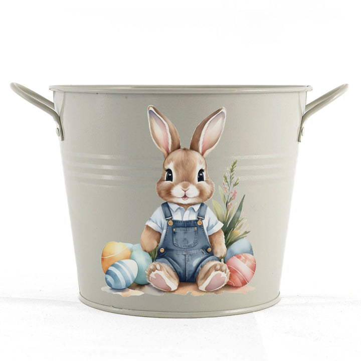 Easter Hamper Bucket - Sitting Bunny Blue Overalls