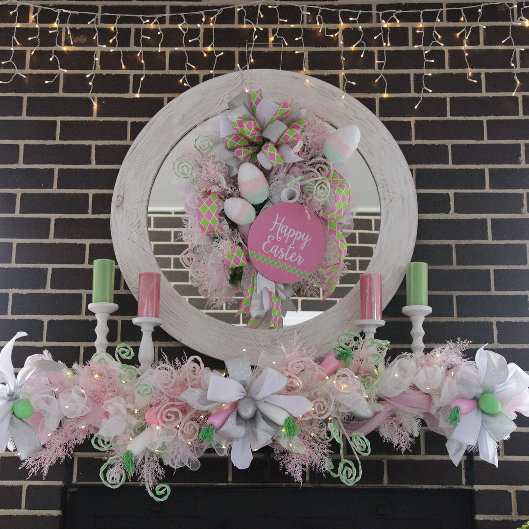 Pink and Green Diamonds Happy Easter Plaque and Bow Set