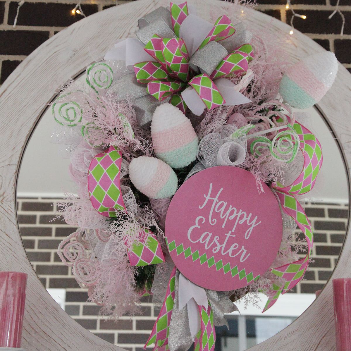 Pink and Green Diamonds Happy Easter Plaque and Bow Set