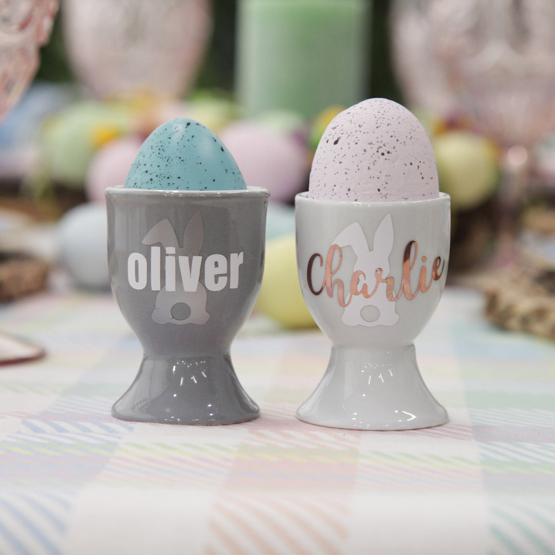 Personalised Grey Ceramic Easter Egg Cup with Personalised White Ceramic Easter Egg Cup