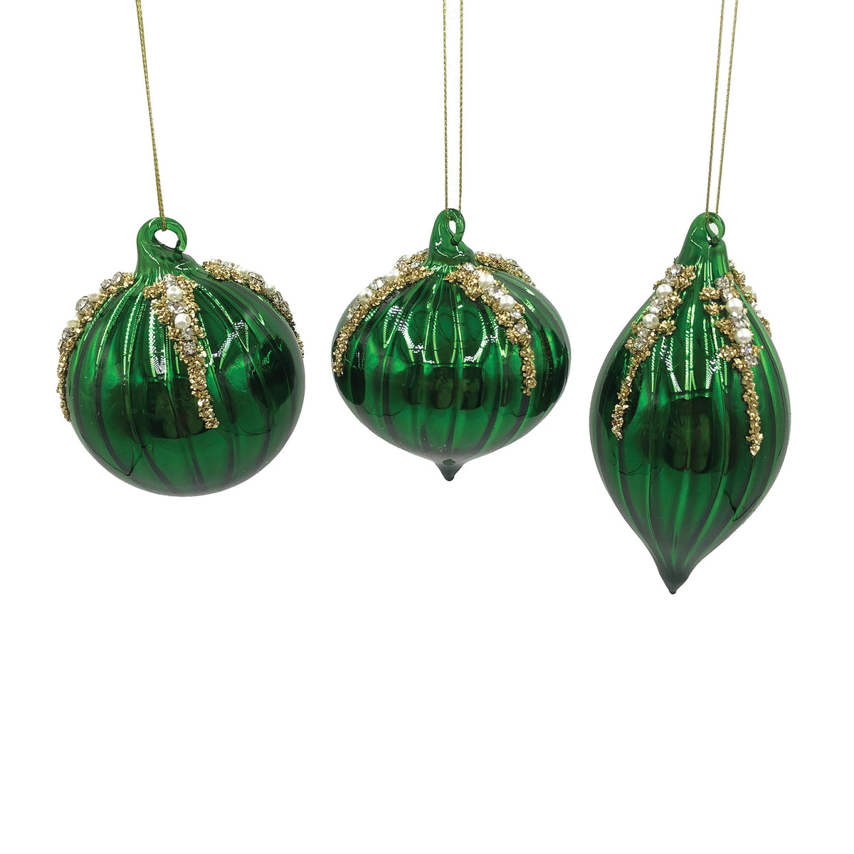 Emerald Green Glass Baubles with Bead Detail - Set of 38cm(W)