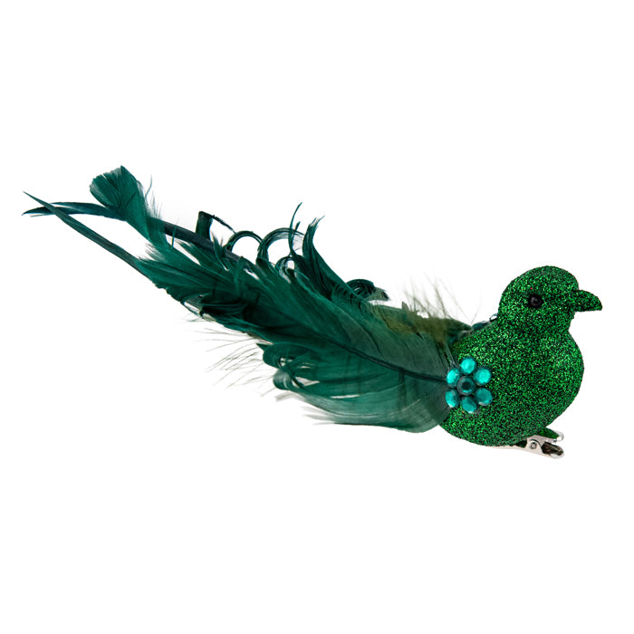 Emerald Green Glitter Bird Clip w/ Curly Tail