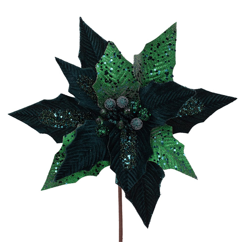Emerald Green Velvet and Glitter Poinsettia Flower 32cm (L)