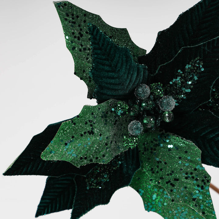 Emerald Green Velvet and Glitter Poinsettia Flower 32cm (L)