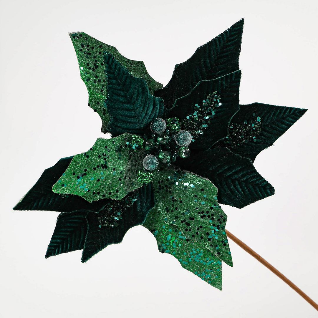 Emerald Green Velvet and Glitter Poinsettia Flower 32cm (L)