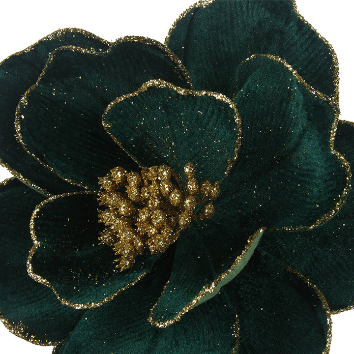 Emerald Green Velvet Magnolia Flower Stem With Gold Trim