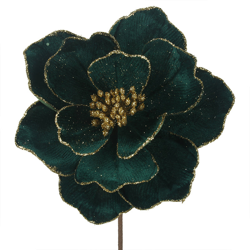 Emerald Green Velvet Magnolia Flower Stem With Gold Trim