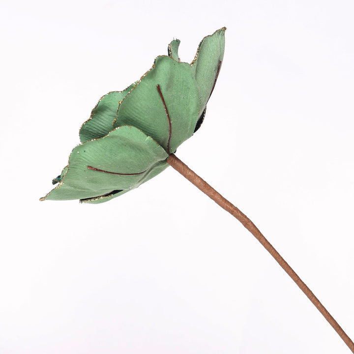Emerald Green Velvet Magnolia Flower Stem With Gold Trim