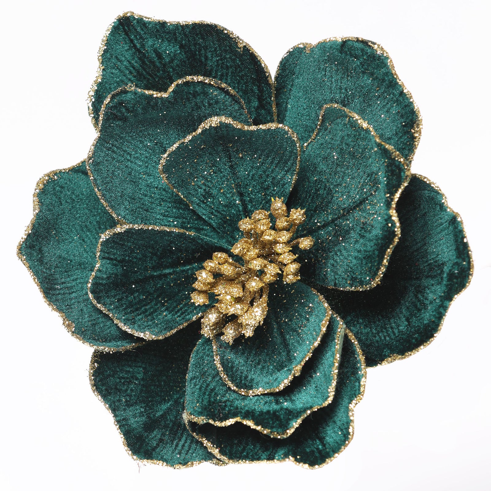 Emerald Green Velvet Magnolia Flower Stem With Gold Trim